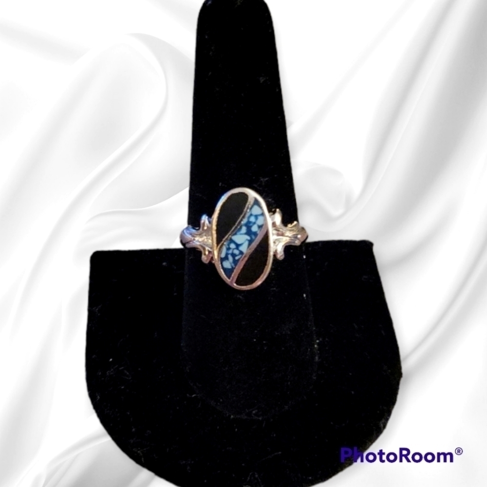 Vtg Stainless Steel Western Gemstone Inlay Oval Ring Size 8